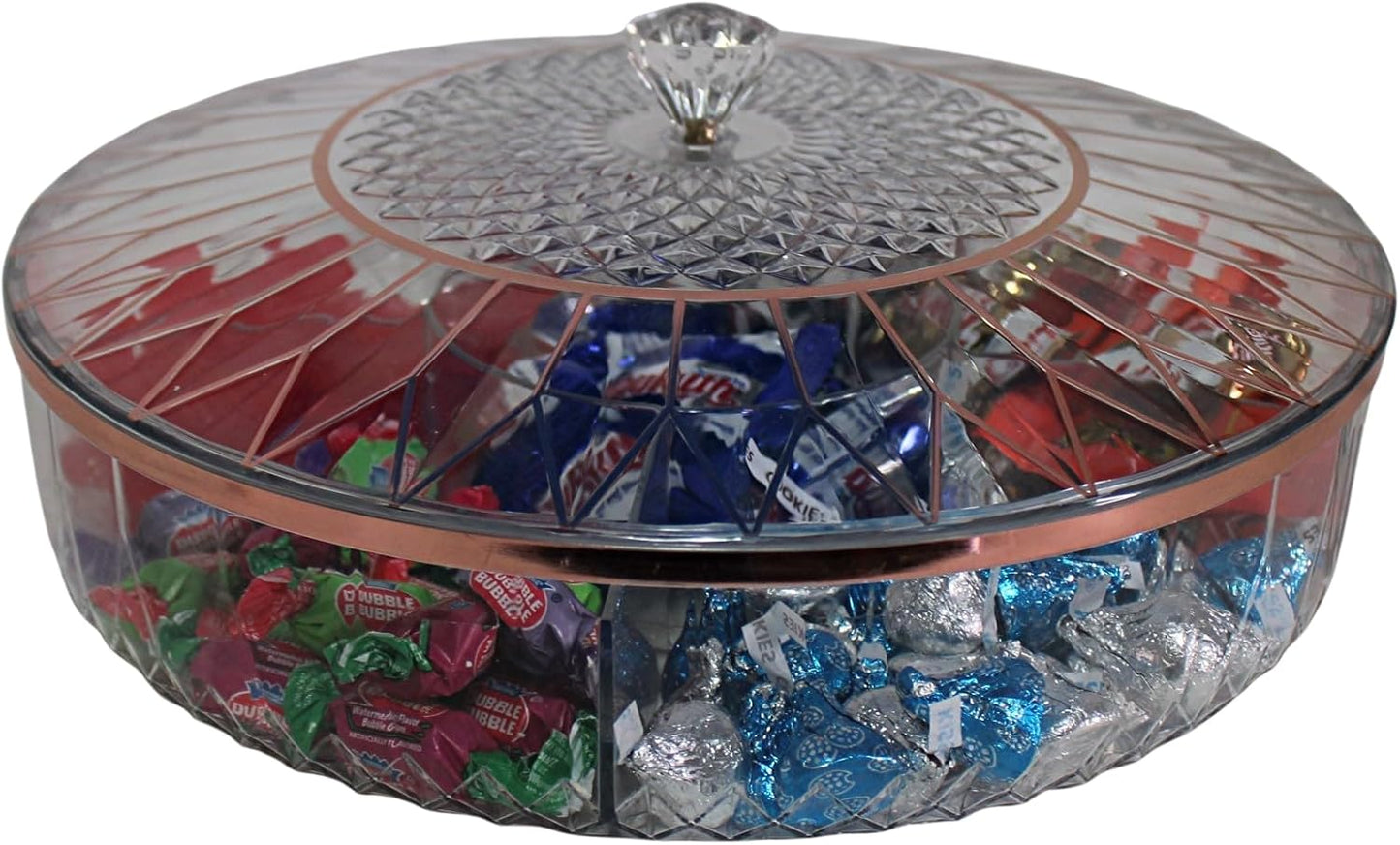 Clear Divided Snack Serving Tray with Lid – 6-Compartment Party Platter with Rose Gold Accent Lines for Candy, Fruit, Nuts, Chips, Appetizers & Desserts