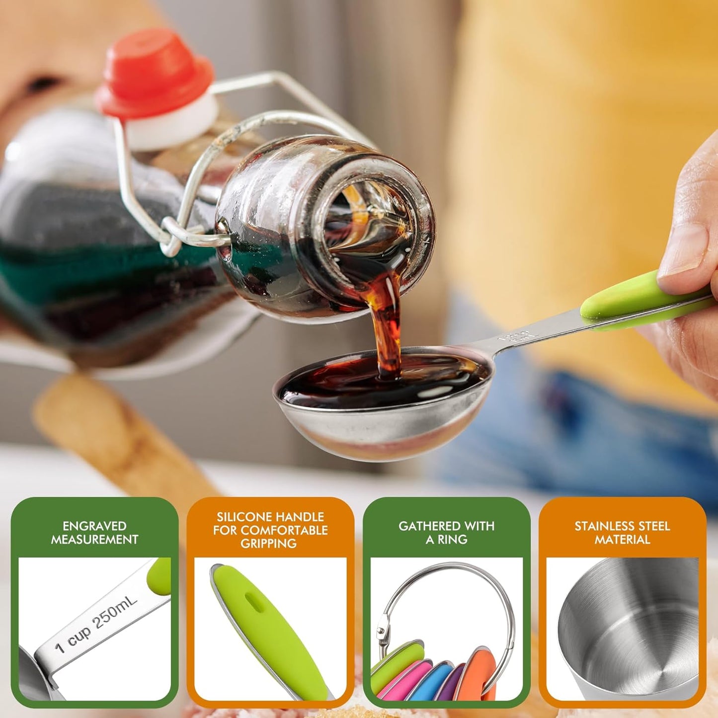 HOTEC 10-PACK Measuring Cups and Spoons Set, Kitchen Gadagets Cooking Baking,Heavy Duty & Dishwasher Safe for Dry and Liquid Ingredients,Black
