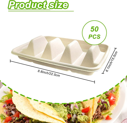 50PCS Disposable Taco Holder for Party,Disposable Taco Plates with 3 Dividers Disposable Taco Holders for Party, Taco Tray Holder, Pulp Fiber Plates Disposable for Taco Tuesday Lazy Susan Taco Bar