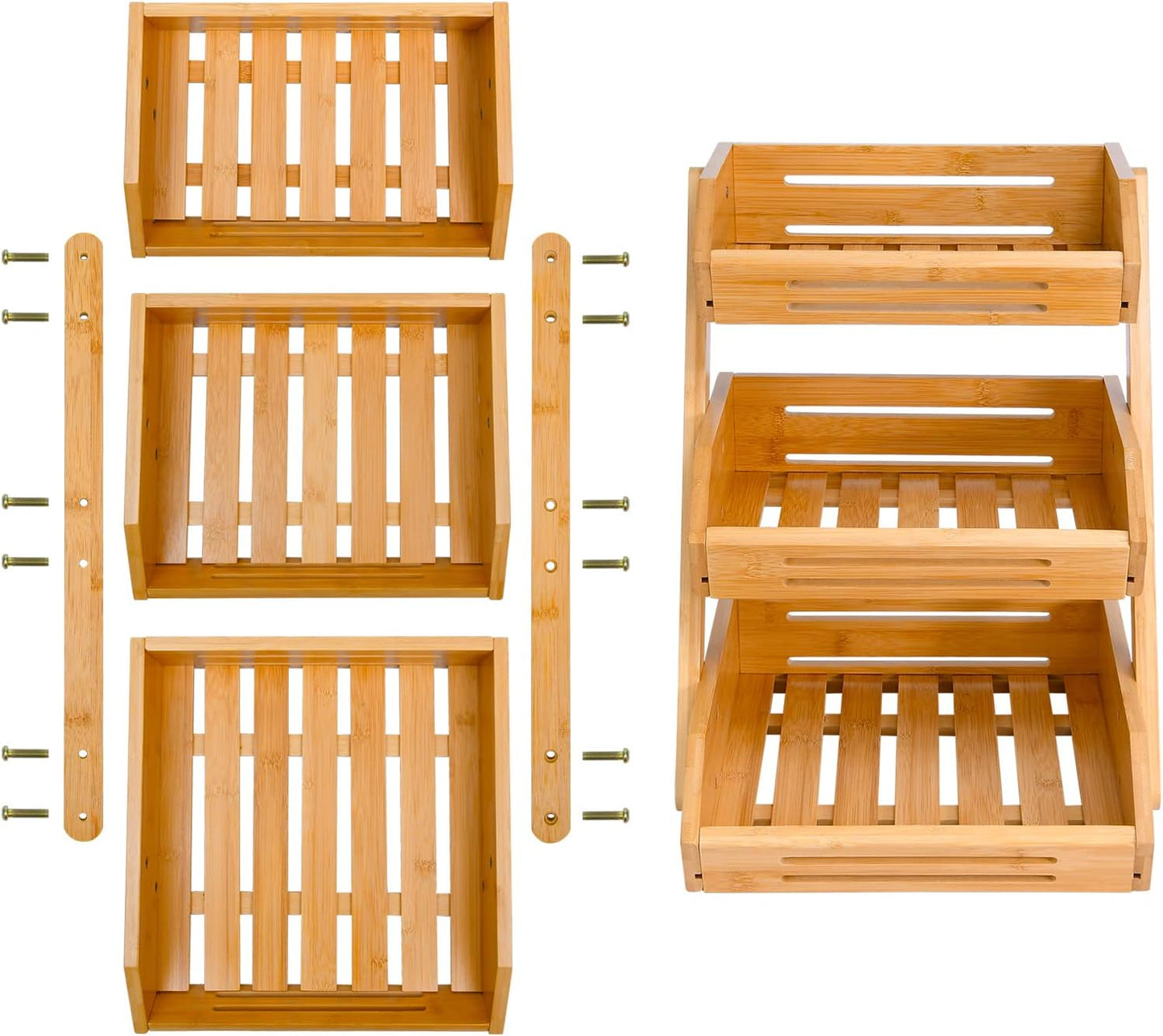 VIKEYHOME Fruit Basket, 2 Tier Bamboo Fruit Basket for Kitchen, 11" Tall Fruit Stand Storage Holder, Heavy Duty/Large Capacity for Vegetables, Fruit, and Snack, 15 mm Thickness (Self-assembly)
