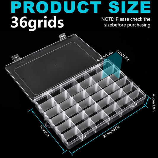 Clear Visible Plastic Storage Box with Removable Dividers, 36 Grids, Suitable for Jewelry, Screws Hardware Accessories Organizer, Crafts, Fishing Tackle