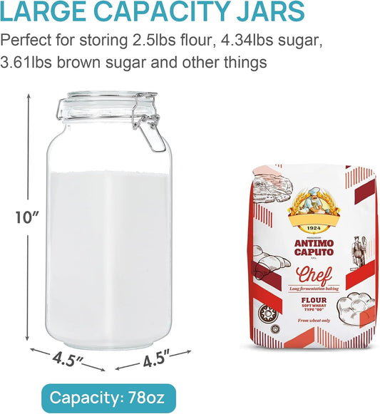 Vtopmart 78oz Glass Food Storage Jars with Airtight Clamp Lids, 3 Pack Large Kitchen Canisters for Flour, Sugar, Cereal, Coffee, Pasta and Canning, Square Mason Jars with 8 Reusable Labels