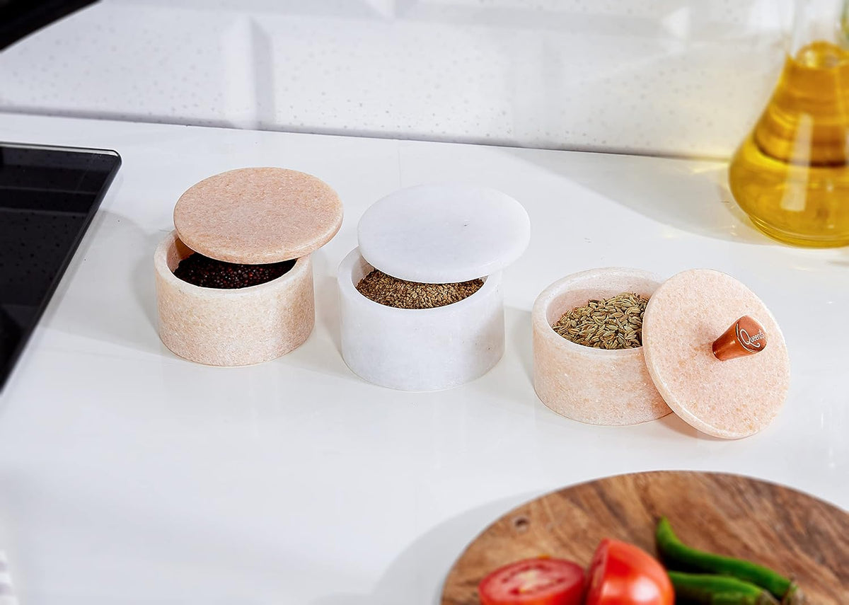 Queenza White Marble Salt Cellar with Lid – Handmade Salt Box & Salt Container for Kitchen Countertop
