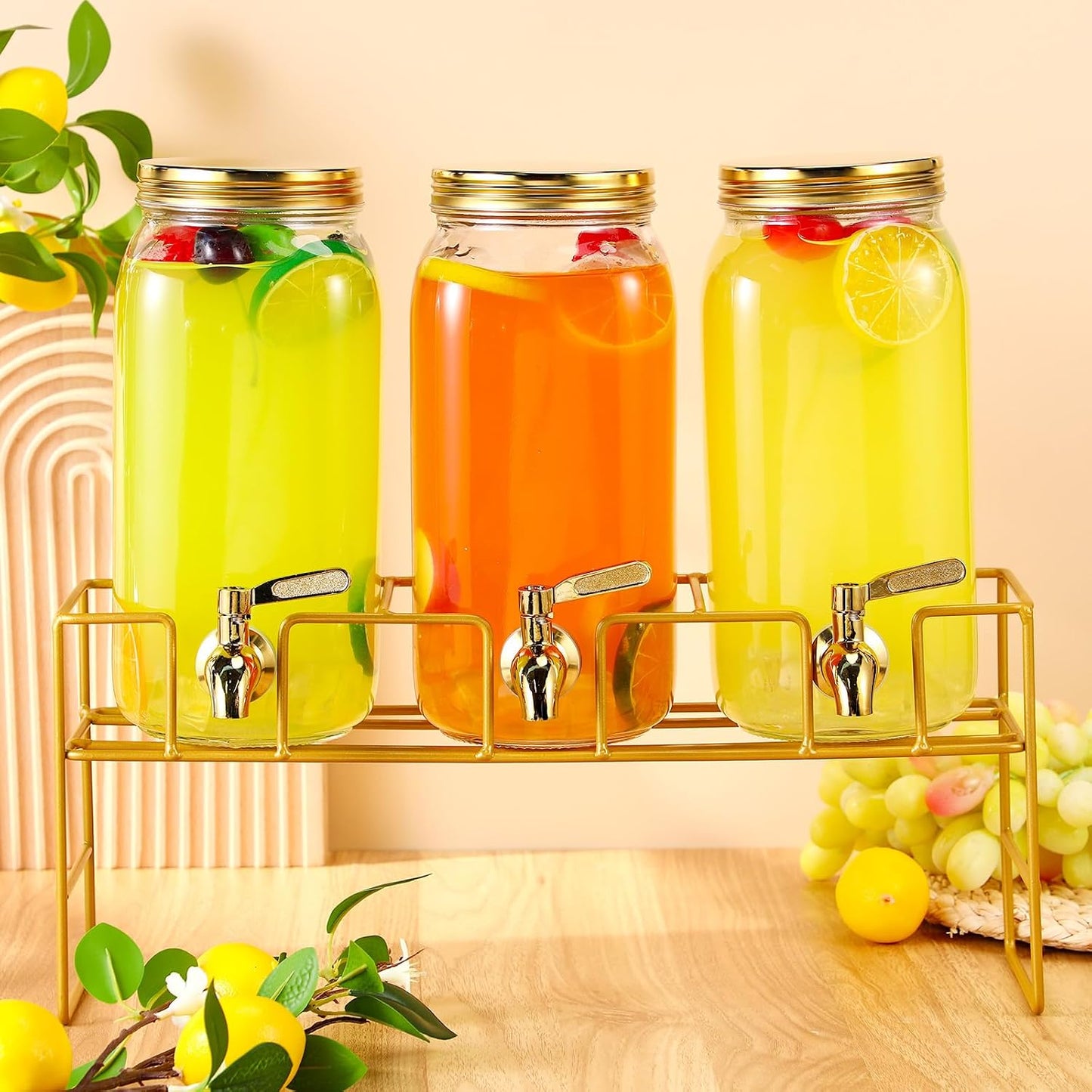 3 Pack 80 oz Glass Beverage Dispenser with Stand Clear Mason Jar Water Dispenser for Party, Fridge Includes Leakproof Stainless Steel Spigot, Black Lid and Label(Black)