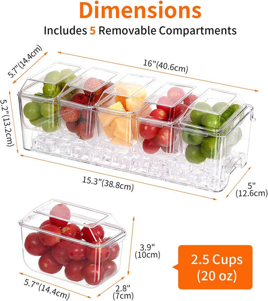 Chilled Condiment Server,Taco Bar Serving Set for Party,15.3" Condiment Serving Platters with 5 Separate Lids and Removable Compartments, Set of 5 Serving Spoons & 2 Clips (5 Containers, 1 pack)
