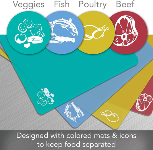 Cut N' Funnel Color Coded Flexible Plastic Cutting Board Mats with Food Icons 4 Pack Made in the USA Flexible, BPA Free, Dishwasher Safe 15" by 11.5"