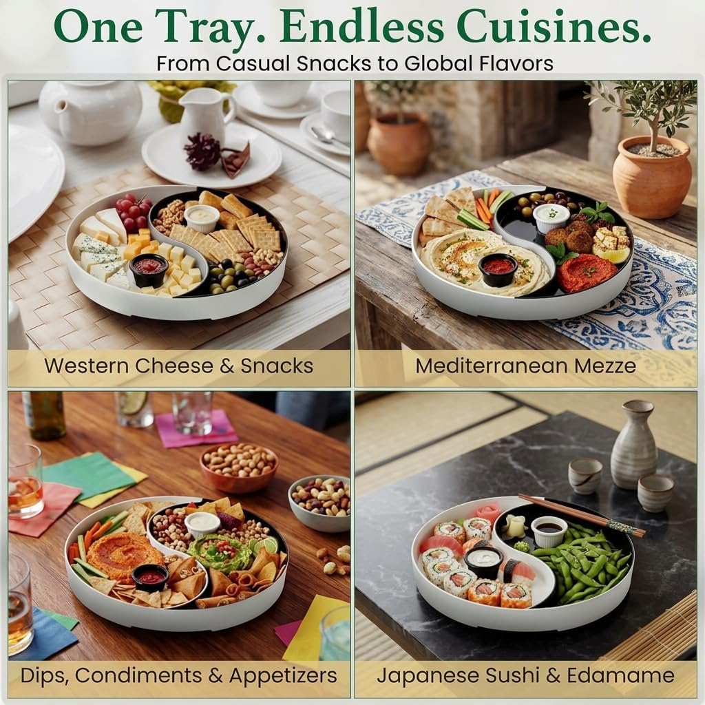 Chip and Dip Serving Tray – Yin Yang Divided Snack & Appetizer Platter with Built-In Dip Bowls, 14” Large Round Hosting Plate for Charcuterie, Fruit, Veggies & Party Snacks