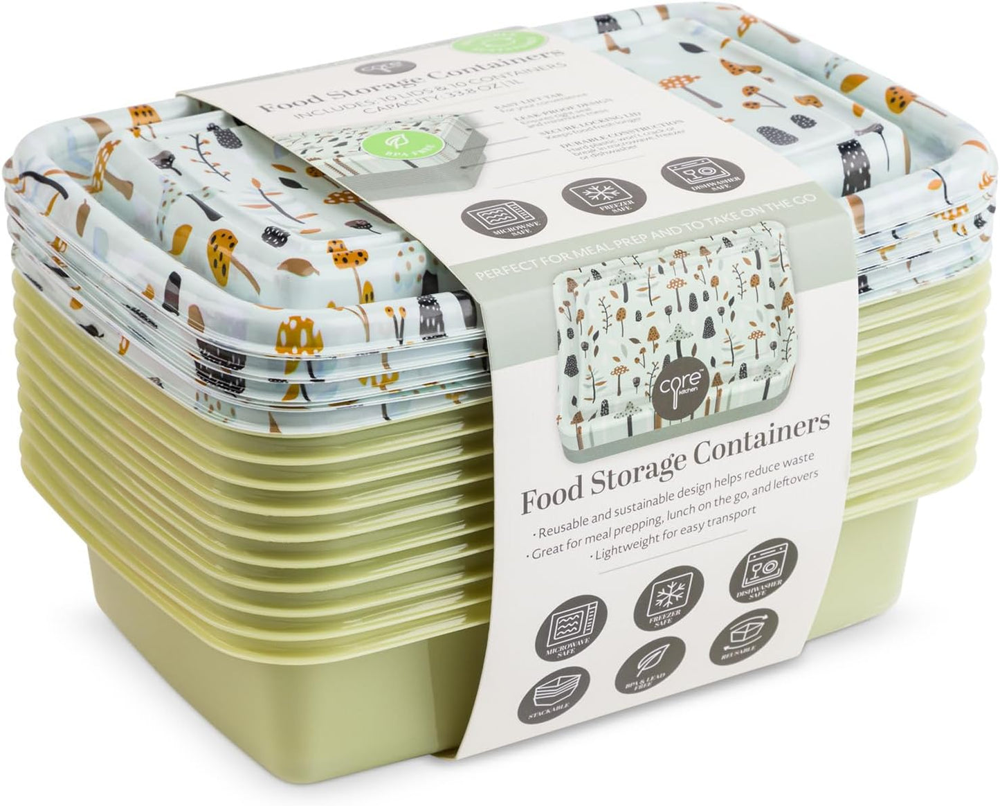 CORE HOME & Kitchen Gray Mushroom Print Pattern 5.5 x 8.98 x 8.98 Plastic Food-Grade Safe BPA-Free Plastic Reusable Meal Prep Food Storage Container, Pack of 10, 20 Piece