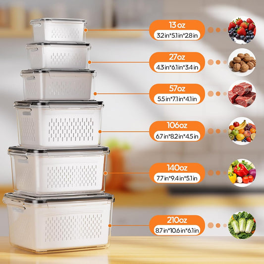 Fruit Storage Containers for Fridge - 6 Pack Produce Storage Containers with Removable Colander, Leakproof Refrigerator Fruit Organizers Keep Berry Veggie Salad Meat Fresh Longer, Largest 6.55 Quart