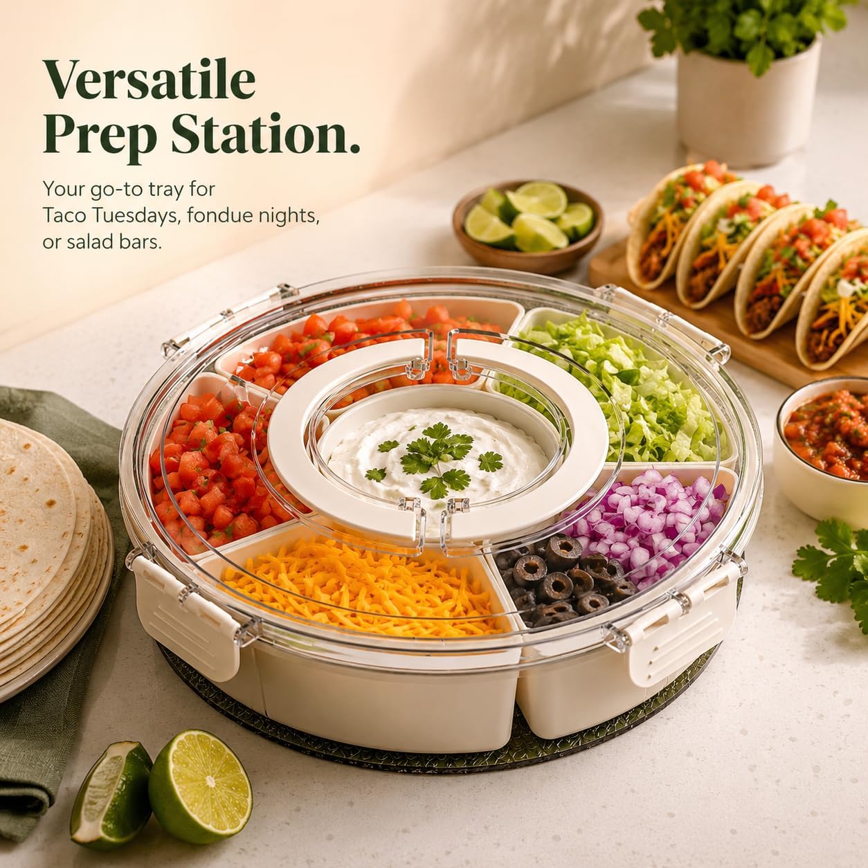 Rotating Snackle Box Container with Clear Snap-On Lid, 11" Divided Serving Tray with 6 Removable Compartments for Charcuterie, Veggie Platter & Taco Bar - 360° Lazy Susan Snack Spinner