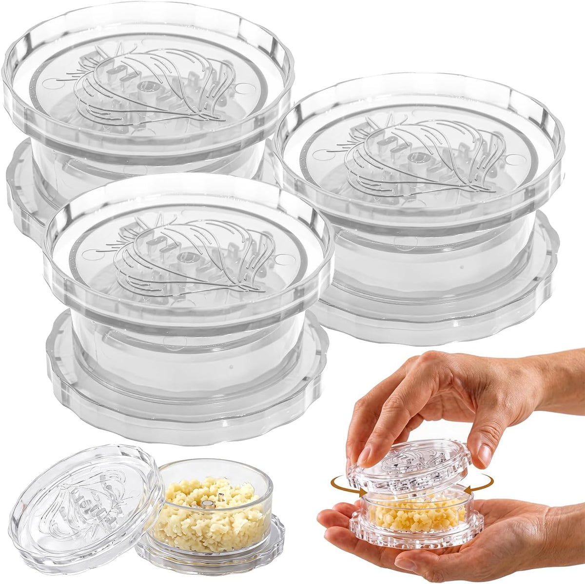 2 Pack Transparent Garlic Press, Manual Garlic Crusher and Mincer—Plastic Garlic Grinder and Chopper, rotary chopper suitable for garlic, chili peppers, compact and space-saving