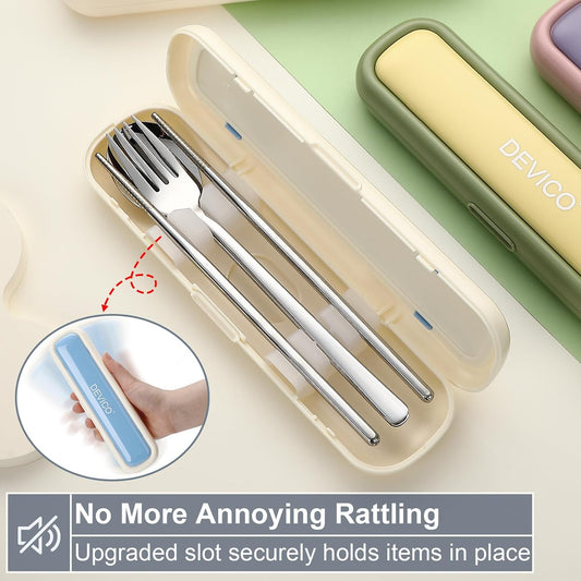 Utensils for Lunch Box, DEVICO Travel Silverware Set with Case, Portable Camping Cutlery, 18/8 Stainless Steel Reusable Korean Spoon Fork Chopsticks for School, Office, Dishwasher Safe (Pink-Purple)