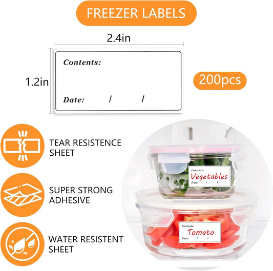 2.4" x 1.2" Removable Food Labels for Freezer Storage, Date Content Stickers to Write On for Home Kitchen Office Use, 200 Pcs