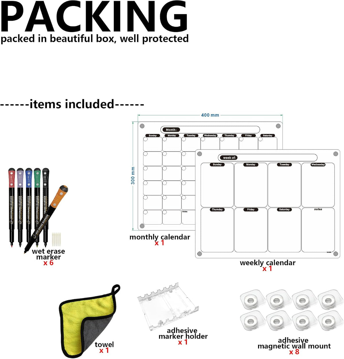 Acrylic Magnetic Calendar for Fridge, Set of 2 Clear Dry Erase Calendar Reusable Planning Boards Monthly & Weekly Black, with Wet Erasable Markers 16" x 12" inches