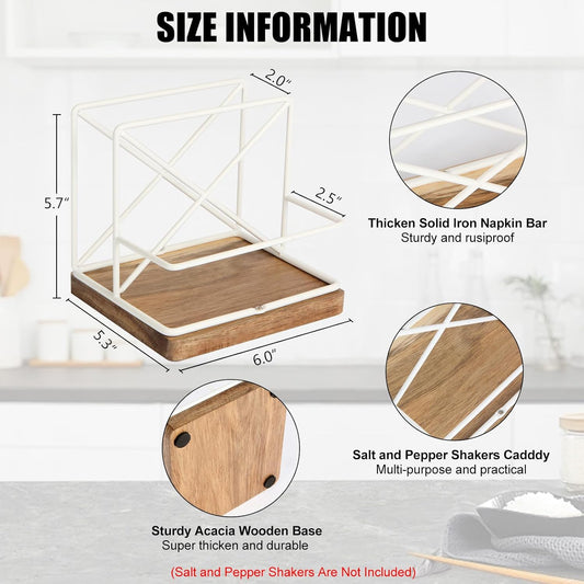 Napkin Holder for Table, Paper Napkins Salt and Pepper Shakers Caddy holder, Paper Napkins Kitchen Dining Table Decor, Wood & Metal Base, White