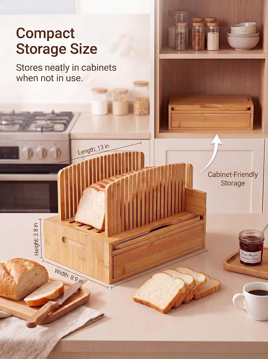 Natural Bamboo Bread Slicer, Bread Slicer Guide for Homemade Bread, Foldable Space-Saving Loaf Guide with Crumb Tray, Adjustable Thickness for Even Slices, Sturdy Cutter for Sourdough and Toast