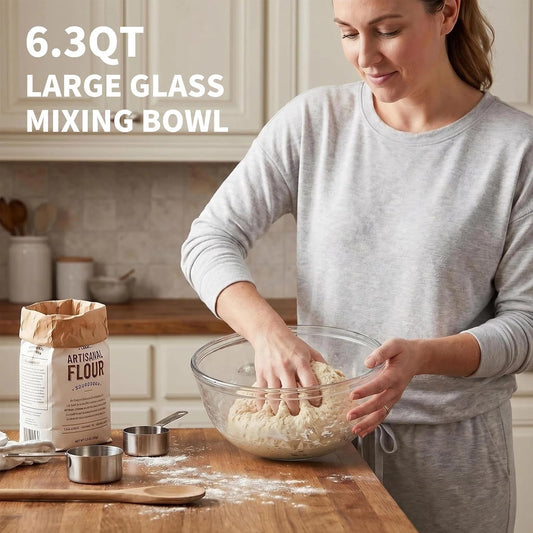 6.3 QT Glass Mixing Bowl with Lid, Large Glass Bowl for Sourdough Bread Making, Deep Glass Salad Bowl for Cooking, Baking, Food Prep, Dishwasher Microwave Freezer Safe