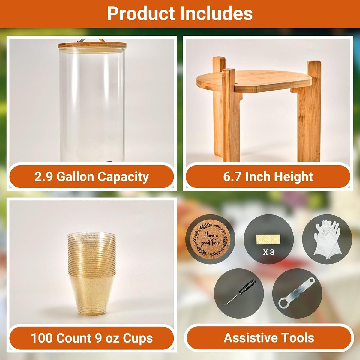 Glass Beverage Dispenser with Bamboo Stand and Lid, Iced 2.1 Gallon Drink Server with Spigot, Large Thick Glass Drink Dispenser for Parties, Hotels, Restaurants, Homes