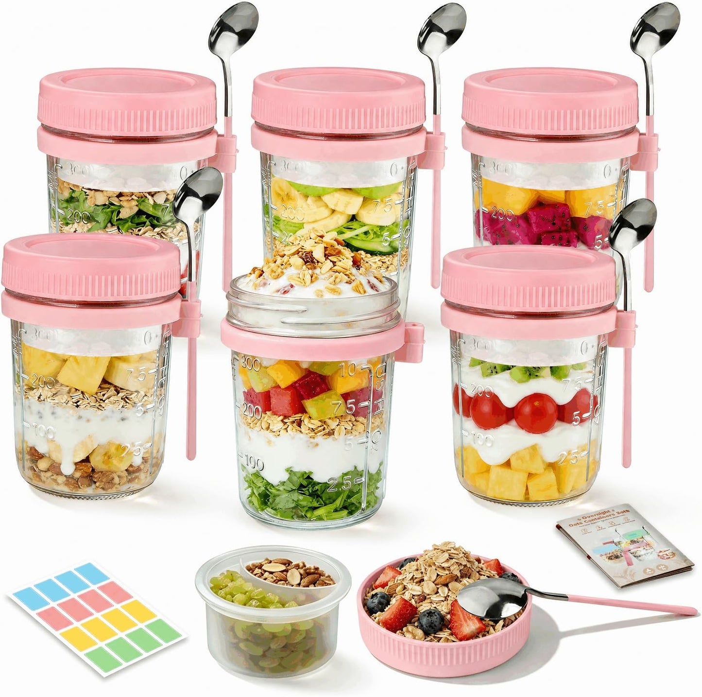 Overnight Oats Containers with Lids and Spoons - 4 Pack 16 oz Glass Mason Jars with Separate Compartments Airtight Overnight Oat Jars Leakproof Yogurt Parfait Cup for Oatmeal Chia Pudding Cereal Salad