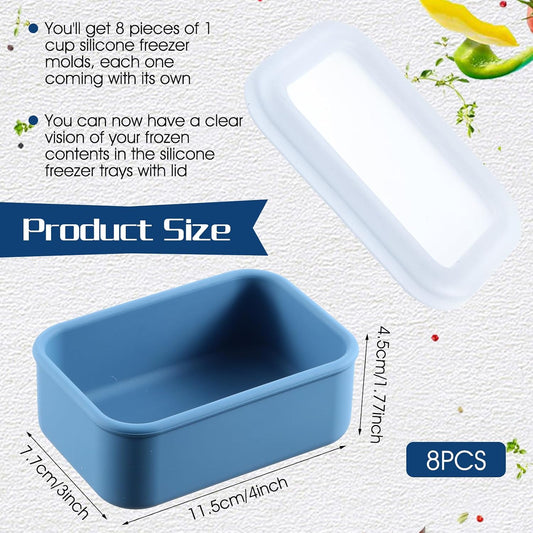 Lemecima 8 Pcs 1 Cup Silicone Freezer Trays with Lid - Rectangle Soup Freezer Containers - Reusable Food Preserving Tray - Freezing Ice Trays for Soups Sauces Stews (Sage Green, Dark Blue)