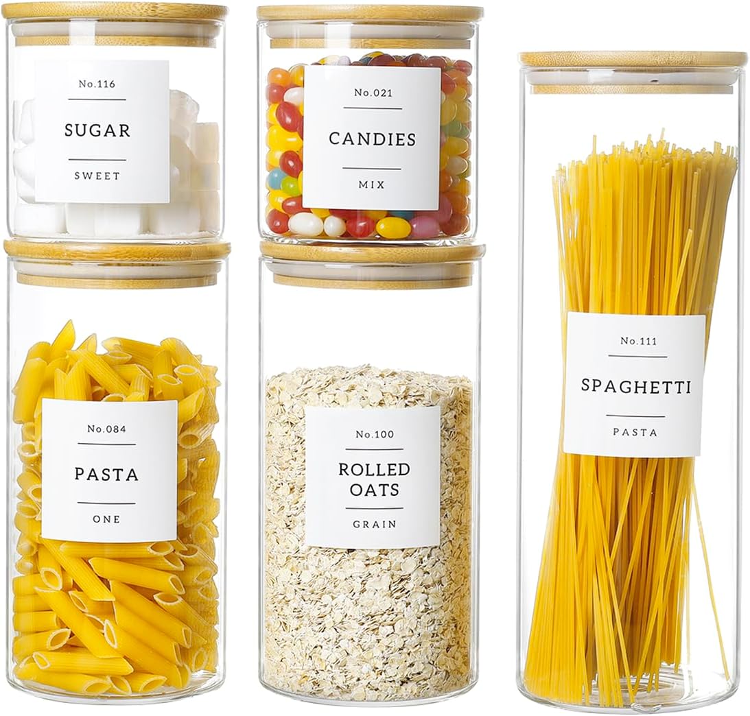 Large glass flour and sugar containers with 132 Kitchen Pantry Labels - 110 oz Glass Food Storage Containers with Airtight Lids - Square Glass Jars with Bamboo Lids for Rice, Pasta, Cookies, grain