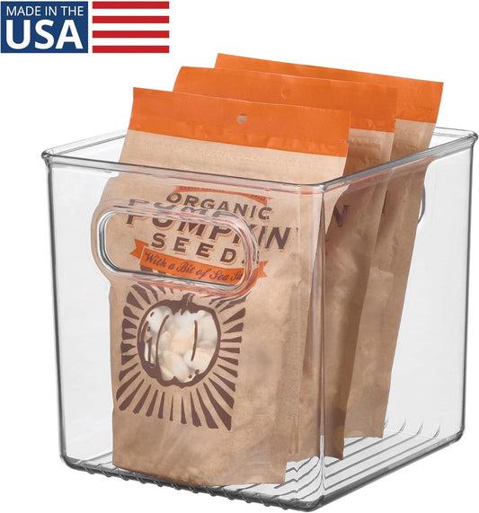 iDesign Storage Bin with Handles - Cube Organizer Bin for Pantry, Set of 4, Clear, Made in USA