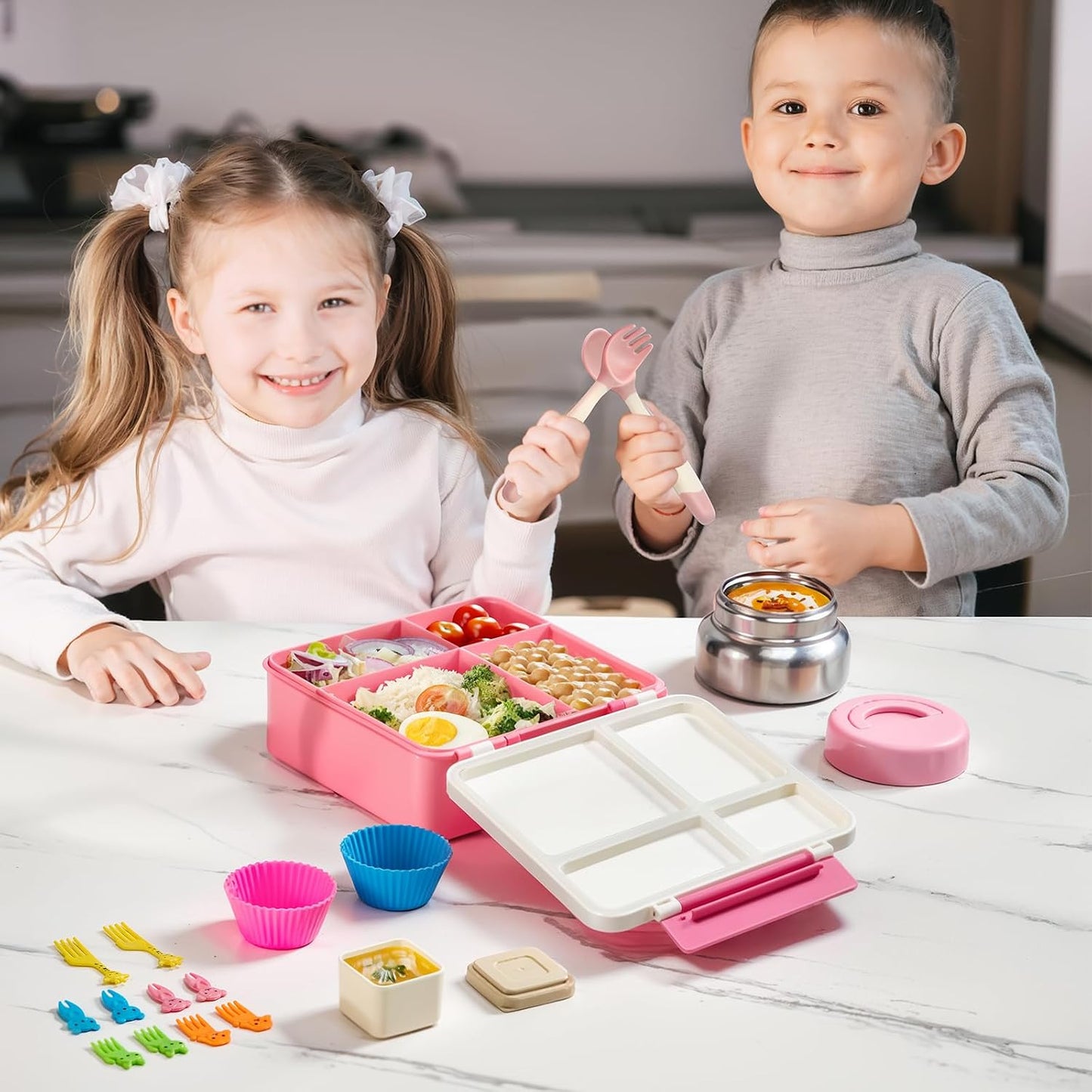 JSLOVE Bento Lunch Box with Leak Proof Thermos Food Jar for Kids, Food Lunch Containers for Boys with 4 Compartments, BPA-Free with Utensils, Food Picks, Sauce Jar & Silicone Lunch Box Dividers