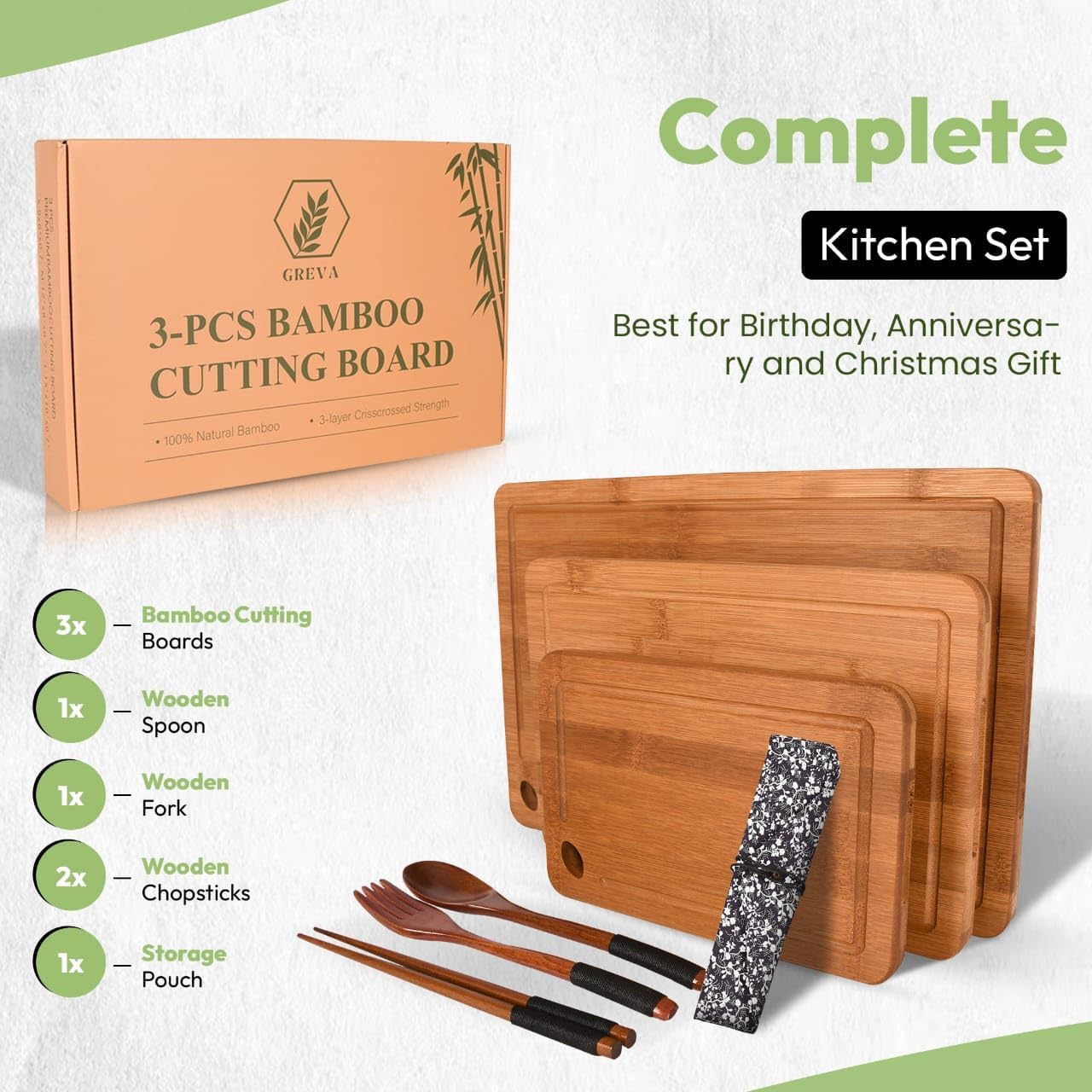 GREVA 3-Piece Premium Bamboo Cutting Board Set with Juice Grooves & Non-Slip Feet | XL, M, S Wood Chopping Boards for: Meat, Vegetables & Charcuterie | INCLUDES 3-in-1 Kitchen GREVA wooden cutlery Set