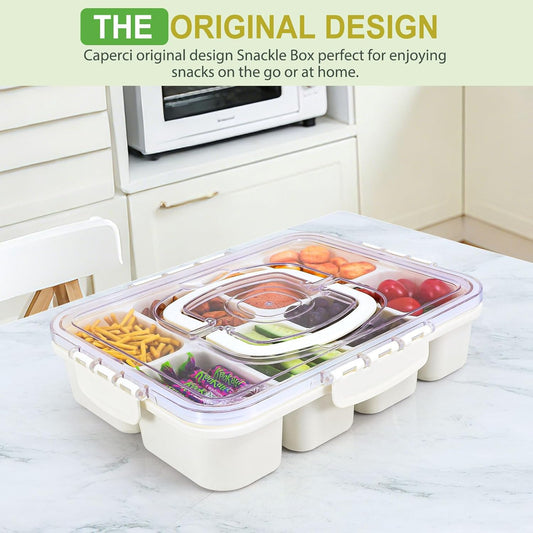 Caperci Snackle Box Container - Large 8 Compartments Divided Serving Tray with Lid & Handle, Portable Snack Box Tray for Travel Picnic, Dishwasher Safe, BPA-Free (Hold 10 Cups/2400ML)