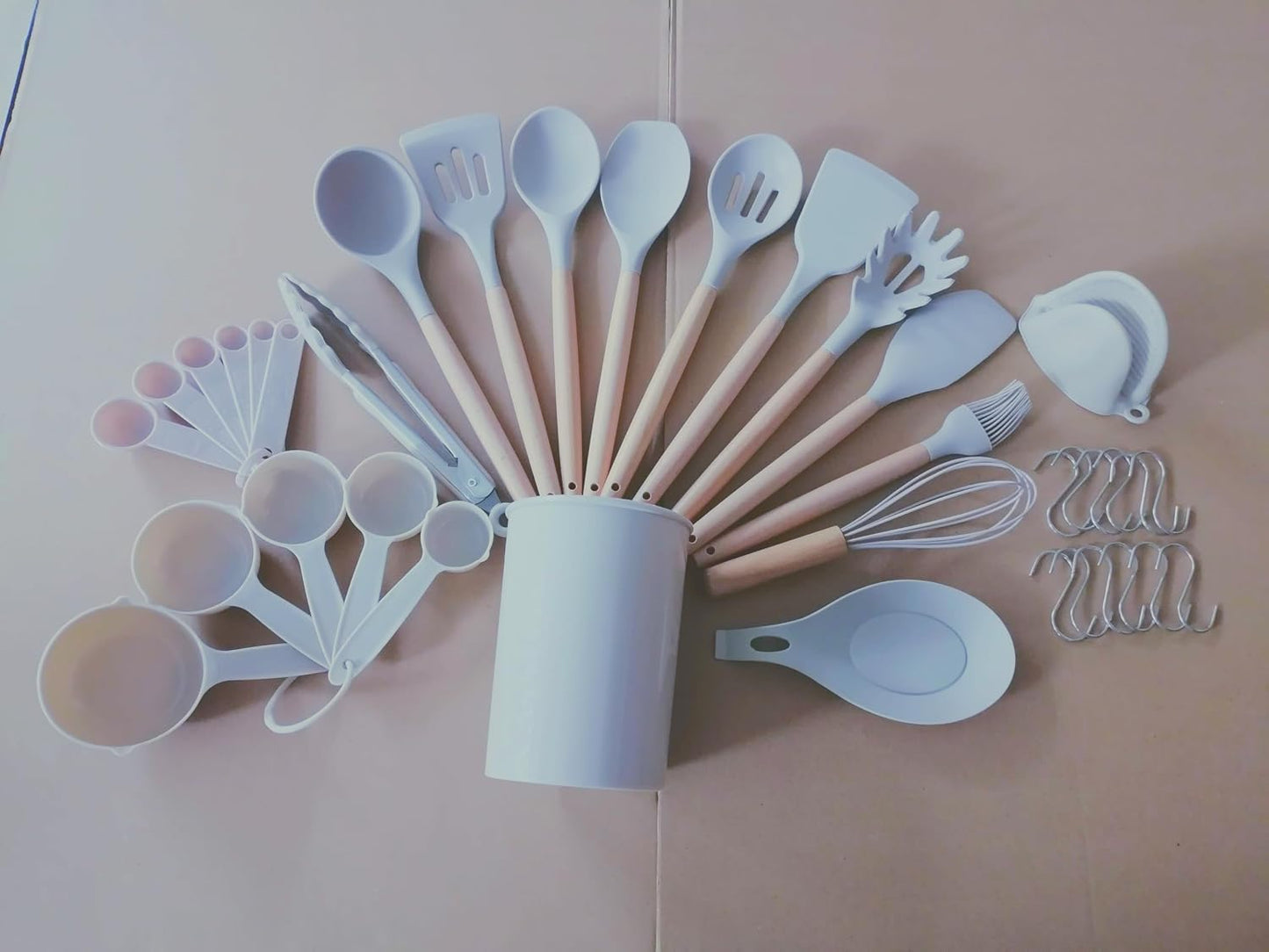 “37-Piece Silicone Kitchen khaki Utensil Set – Food-Grade Nonstick Cooking Tools with Wooden Handles, Measuring Cups & Spoons, Tongs, Spatulas, Ladle, Oven Mitt & Holder – Heat Resistant & BPA Free”