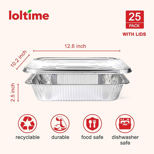 Aluminum Pans Disposable Half Size (25Pack with lids) – 9x13 Heavy Duty Foil Pans, Durable & Recyclable Baking Pans, Table Trays, Great for BBQ, PCooking, Roasting, Heating