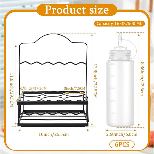 Kathfly Condiment Caddy with 6 Squeeze Bottle, 16 oz Squeeze Bottle Holder Countertop Organizer for Kitchen, Bar, BBQ, Picnic Steel Holder with Portable Handle, Food Grade PE Bottles