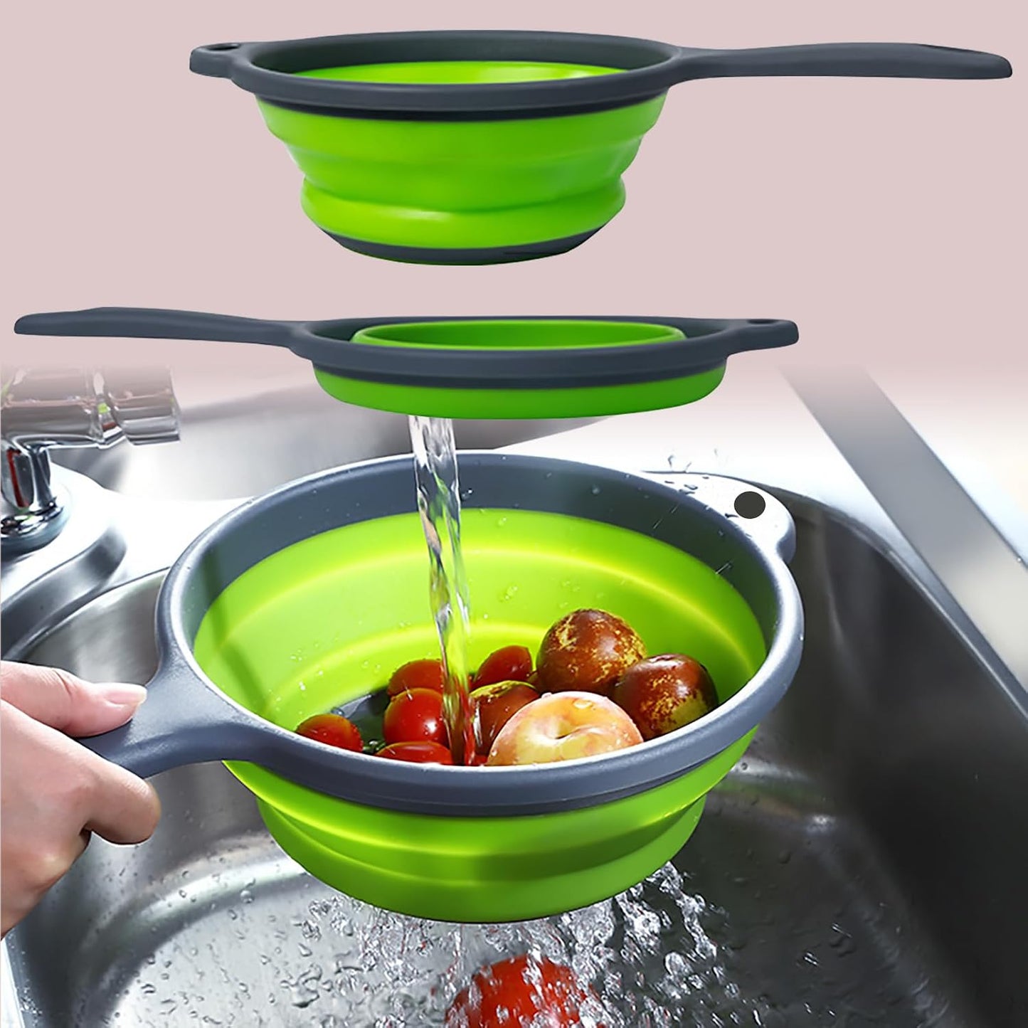 Kitchen Collapsible Colanders Set,Collapsible Colanders with Handles,Dishwasher Safe,Space-Saver Folding Strainer Colander for Draining Pasta Vegetable Fruits (Red)