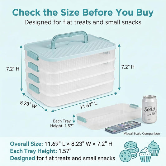 4 Tier Stackable Food Storage Container with Handle, Extra High Portable Carrier Box for Cookies, Cupcakes, Charcuterie, Pastries and Party Snacks (Mint Green)