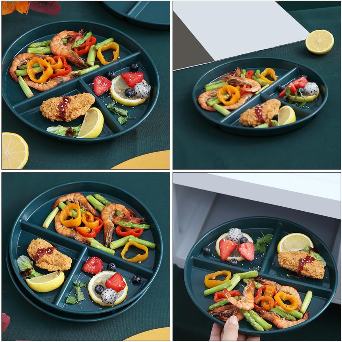 GALPADA Pp Plastic Three-compartment Divided Dinner Plate, 3-grid Portion Control Tray in Dark Green, Food-grade Plastic Breakfast Plate for Portion Management and Meal Prep