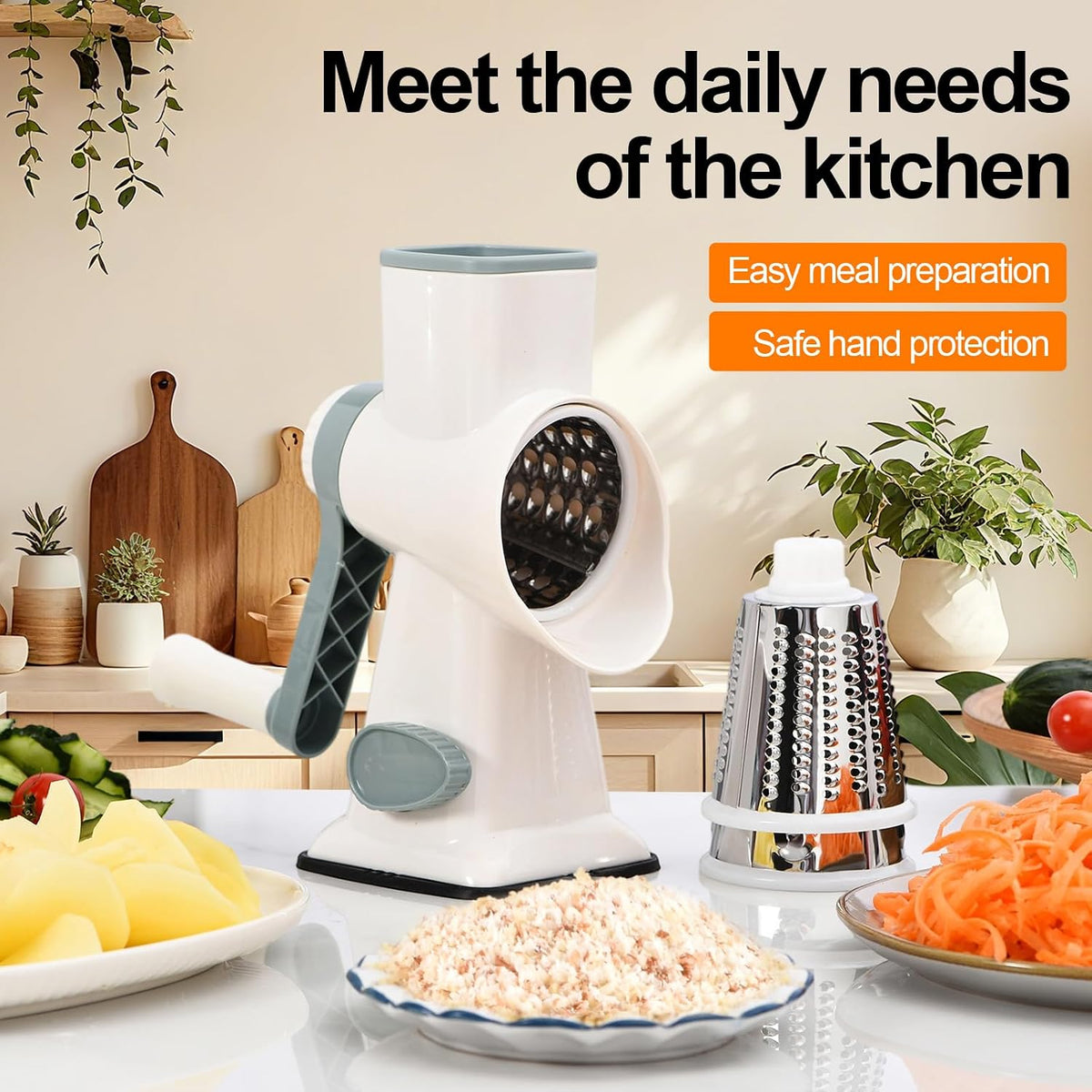 Rotary Cheese Grater Manual Hand Crank 3-in-1 Vegetable Shredde