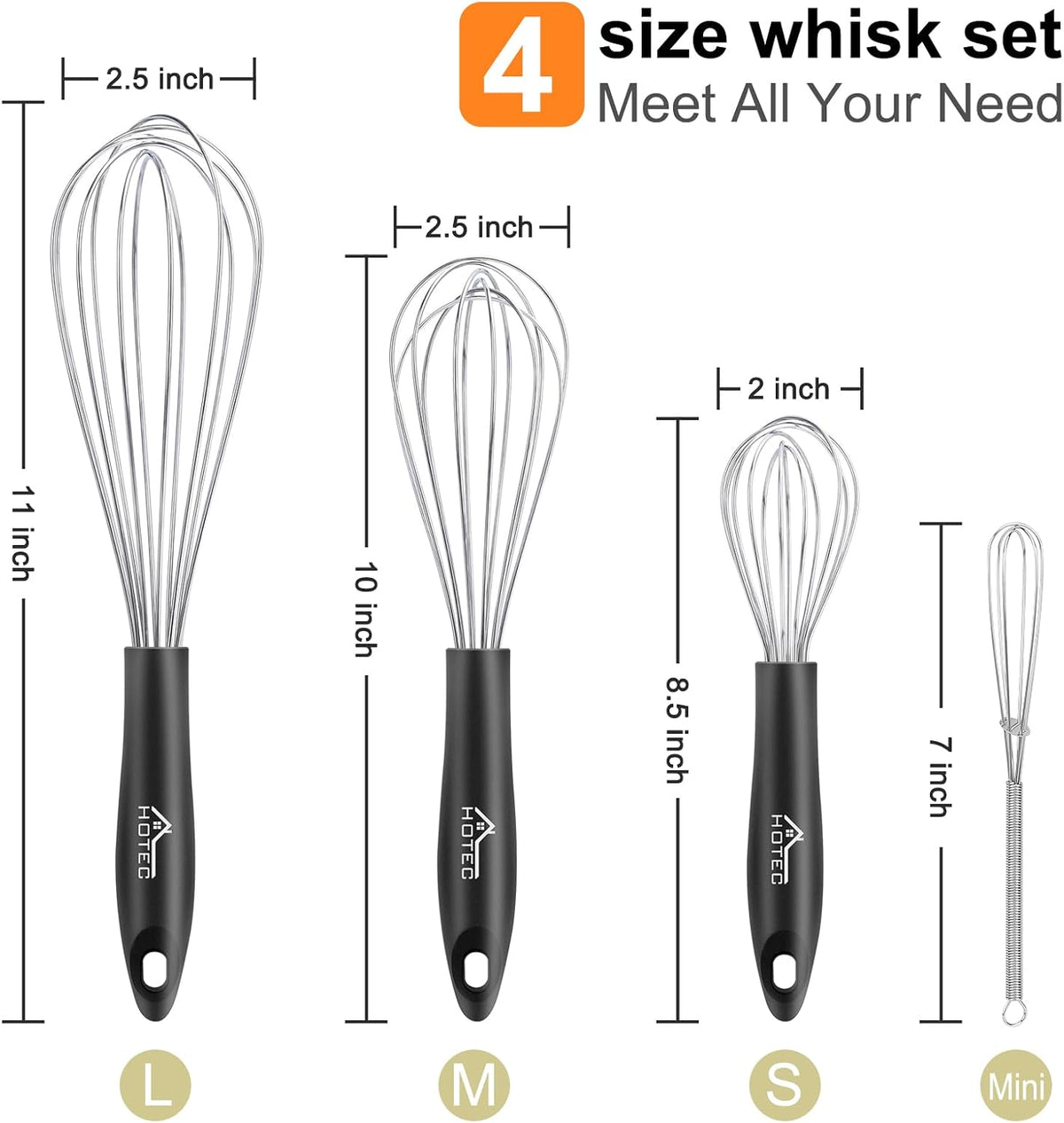 HOTEC Stainless Steel Whisk Set of 4, Food Grade Balloon Whisk Egg Beater, Thicken Wire Mixing Whisk for Baking, Cooking, Whisking Cream, Sauce, Pancake Batter