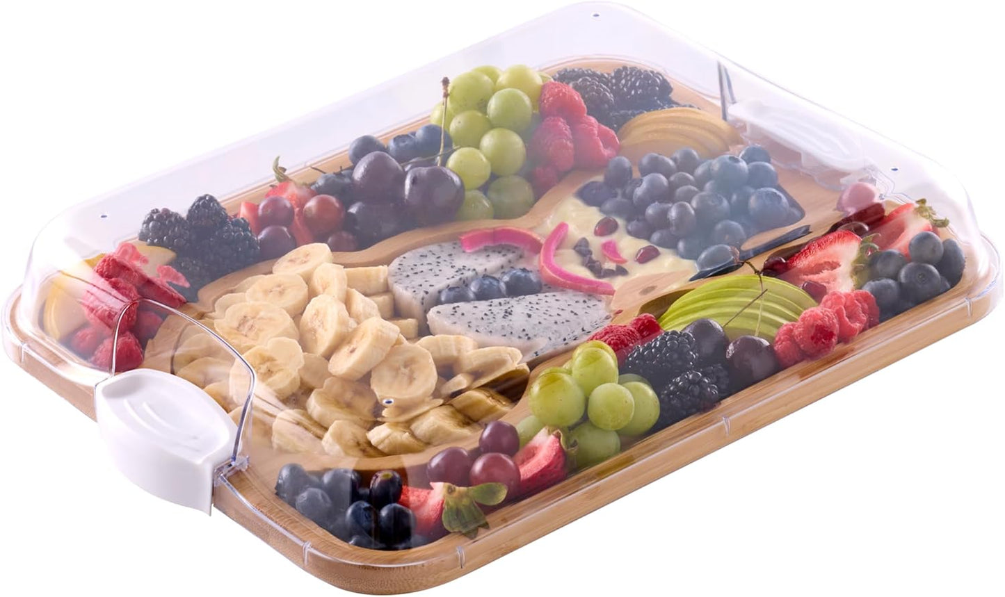Farberware Build-A-Board Bamboo Cutting Board with Built-In Compartments & Clear Locking Lid, Black Handles, Charcuterie, Snack Tray, Food Prep and Serving Platter