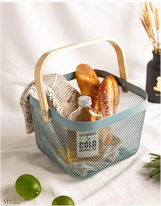 AJIODA Metal Mesh Steel Basket, Storage Organizer Basket Multi-functional Hanging Kitchen Baskets Fruit Basket Bin with Bamboo Handle for Kitchen Bathroom Picnic Shopping Decor Cabinet Home, Blue