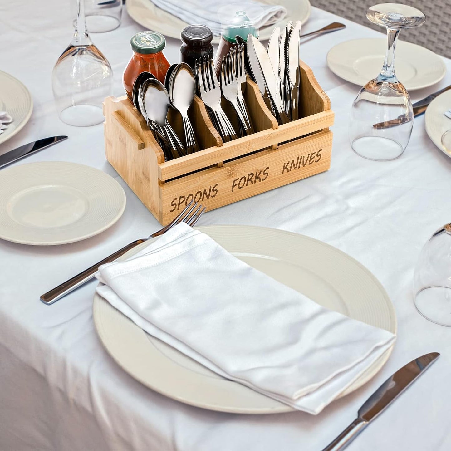 Yesland Bamboo Silverware Caddy Organizer - 4 Compartment Wooden Utensil Holder with Handle for Kitchen Countertop, Party, Forks Spoons Knives Napkins Storage