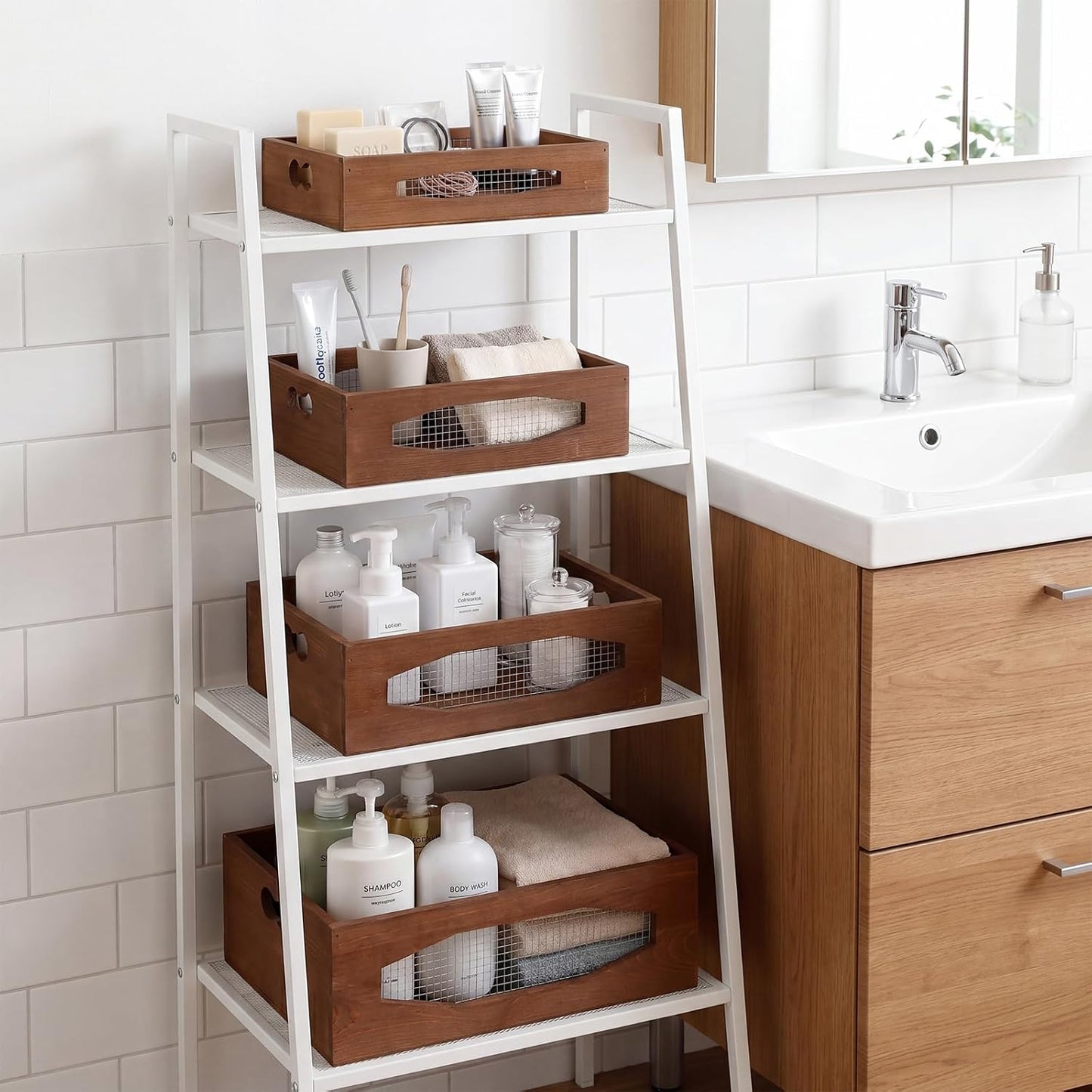 Novabright 4 Pcs Wooden Nesting Countertop Baskets 4 Size Wooden Storage Box with Handle and Metal Wire Multipurpose Wood Organizer Crate for Fruit Vegetable Kitchen Cabinet Bathroom, brown