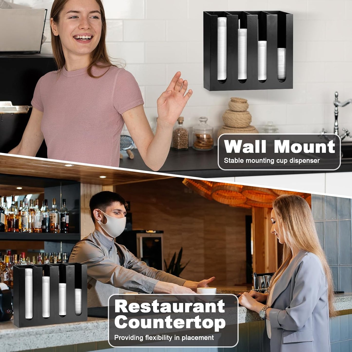 Wall Mount Portion Sauce Cup Lid Organizer Wood Sauce Cup Dispenser 4 Compartments Portion Cup and Lid Holder with Sponge Pad Cup Dispenser fits Cups Size 2 3 oz for Kitchen Counter Restaurant