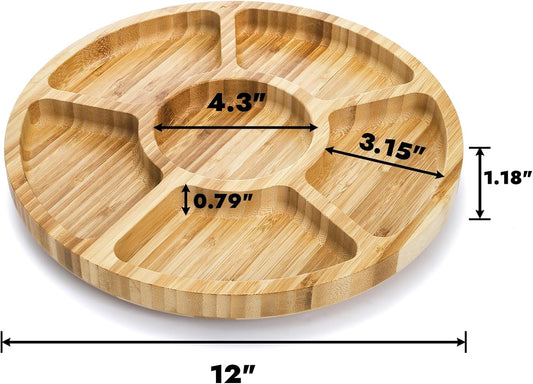 Dicunoy Divided Serving Dish Tray, 13'' Bamboo Rotatable Veggie Fruit Platter, Lazy Susan Relish Sectional Snack Container Bowls with 6 Compartments for Candy, Appetizer, Nuts, Parties