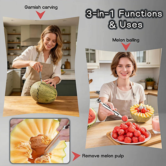 2PCS Stainless Steel Melon Baller Dual-Size Scoop Carving Knife for Fruit