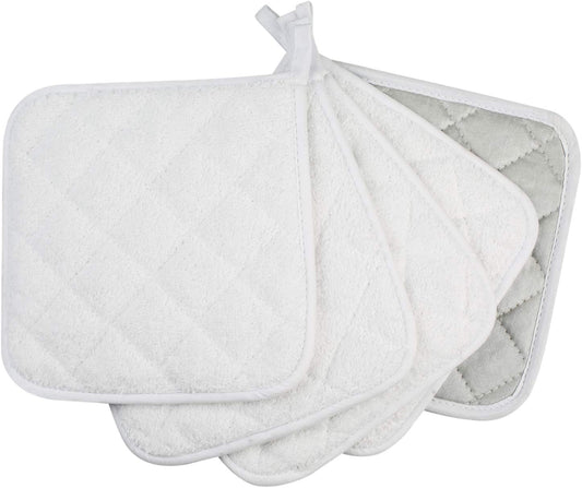 100% Cotton Kitchen Everyday Basic Terry Pot Holder Heat Resistant Coaster Potholder for Cooking and Baking Set of 5 White