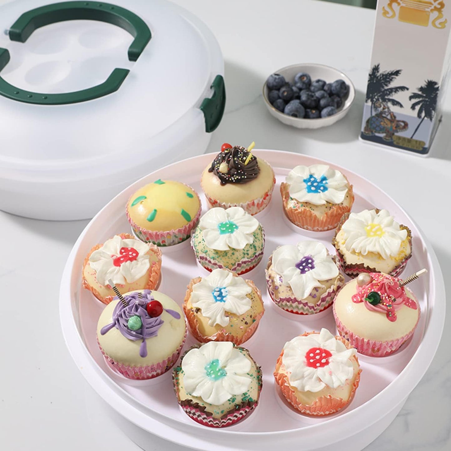10 Inch Portable Pie Carrier with Lid and Tray 3-In-1 Round Cupcake Container Egg Holder Muffin Tart Cookie Keeper Food for Halloween(Green)