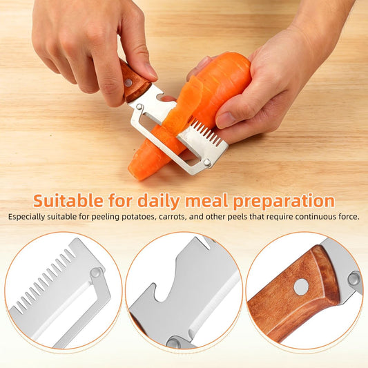 2pcs Multifunctional Vegetable Peeler Shredder, 3-in-1 Stainless Steel Julienne Peeler Tool with Bottle Opener and Non-slip Wooden Handle, Fruit Peeling Knife for Kitchen