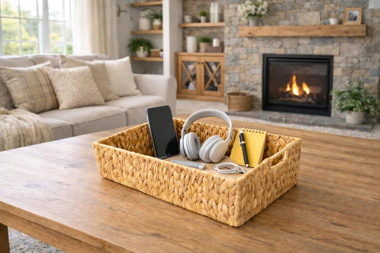 Handwoven Water Hyacinth Storage Basket with Cutout Handles – Natural Rectangular Woven Organizer for Shelves, Closets, Living Room & Home Decor