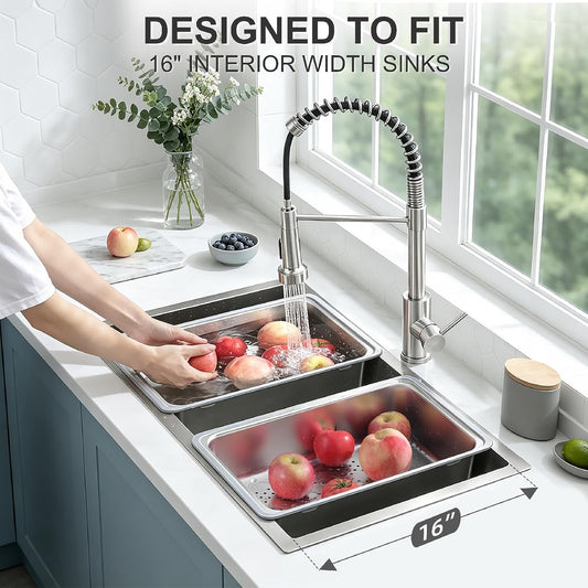 16.9 in Over the Sink Colander & Prep Basin Set, Stainless Steel Dish Pan