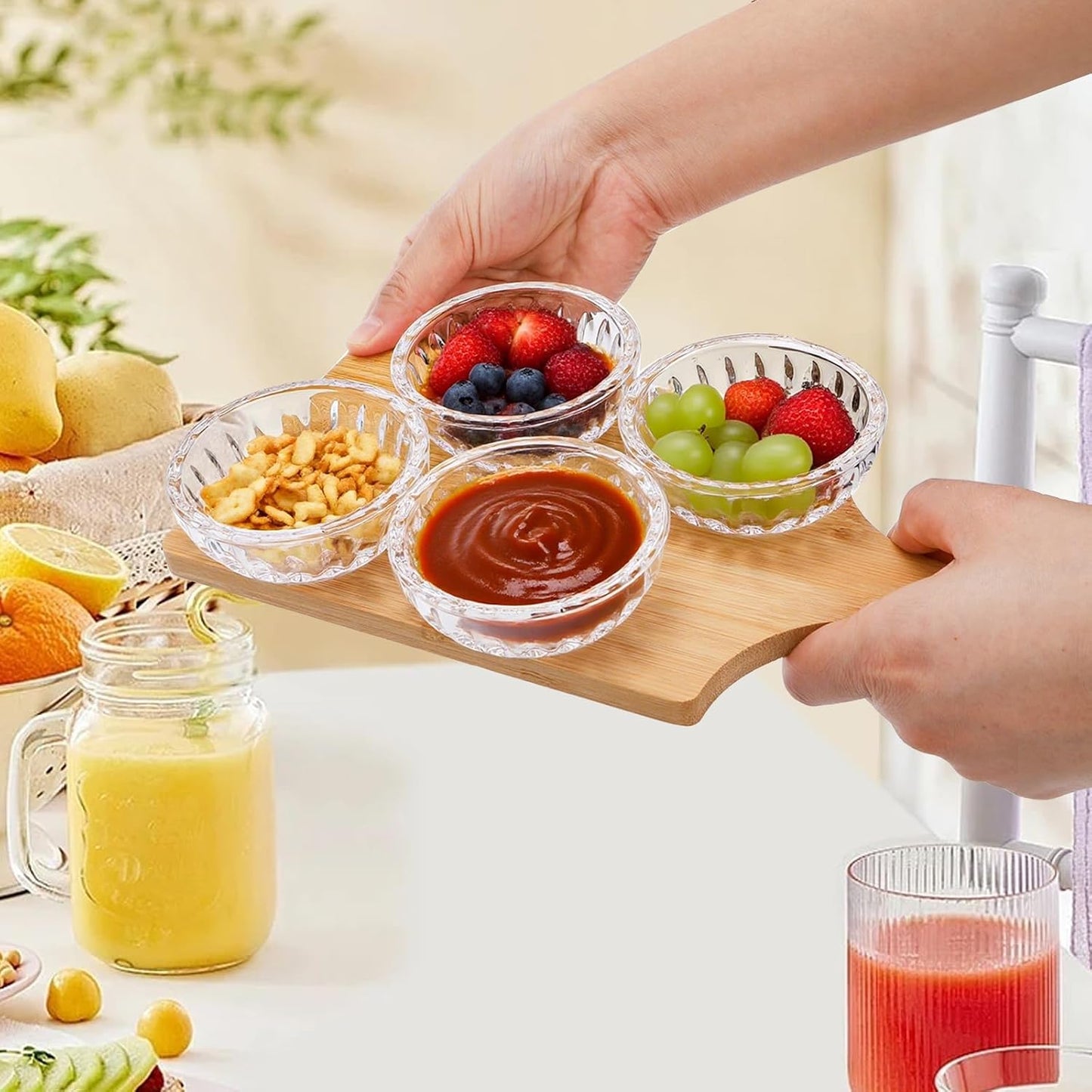 ZEAYEA Set of 8 Glass Dipping Sauce Cup, 2 oz Stackable Mini Glass Pinch Bowls for Spices, Condiments, Snack, Clear Floral Relief Design Small Prep Bowls for Kitchen, Party, Gift, Dishwasher Safe